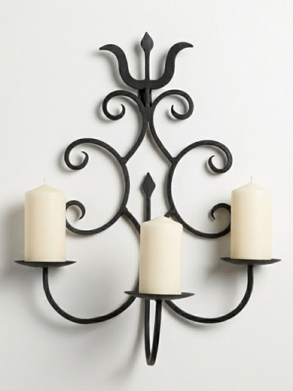 Vintage Wrought Iron Wall Sconce Candelabra 3-Light Black Gothic Spanish Revival